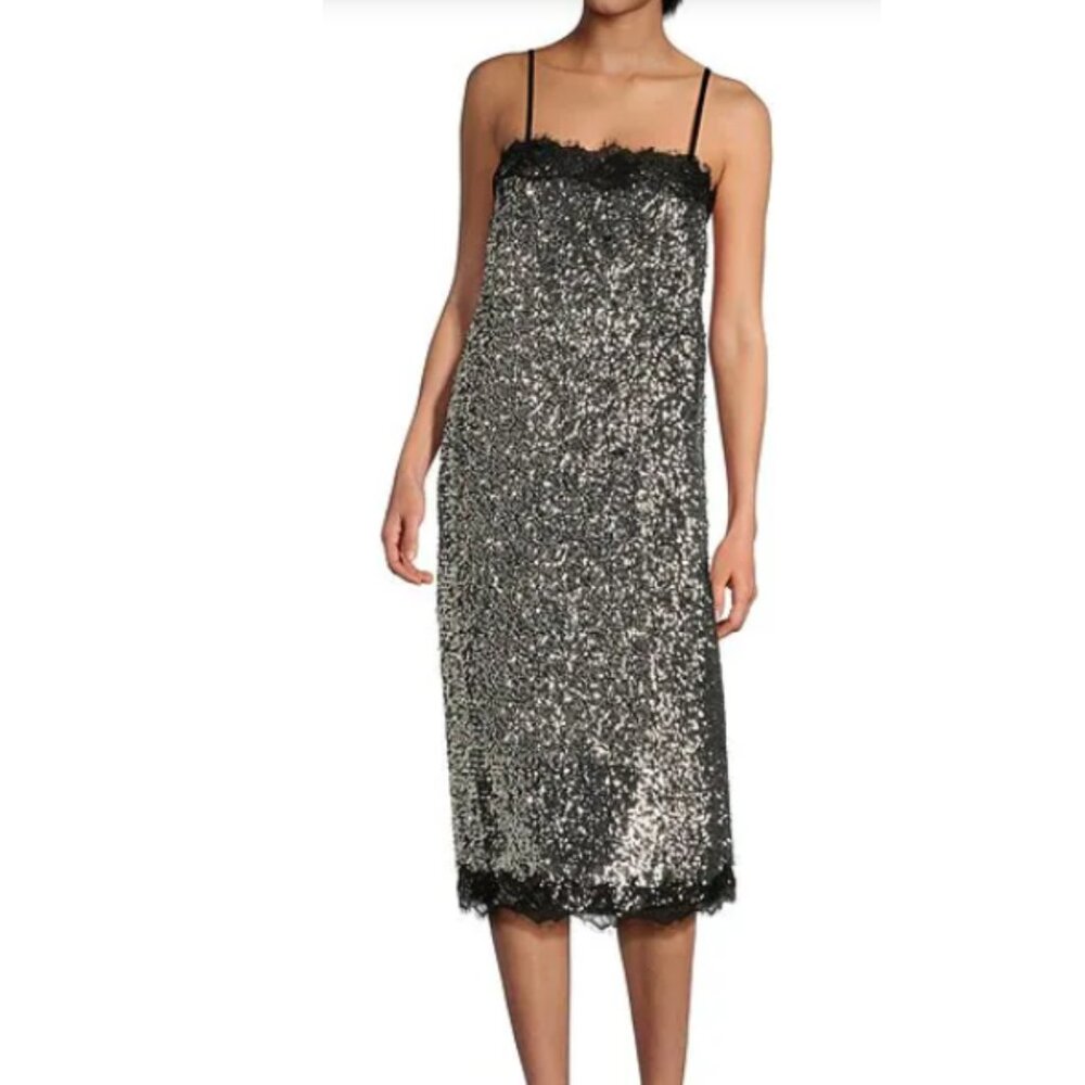 Gianni Bini x Lilly Sisto Allegra Sequin Lace Trim Spaghetti Strap Slip Midi NWT